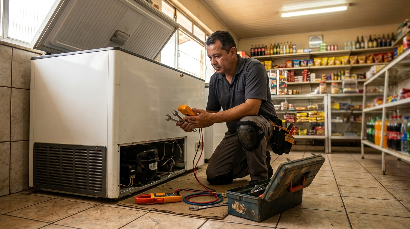 Técnico realizando manutenção de motor de freezer em Porto Alegre‑RS