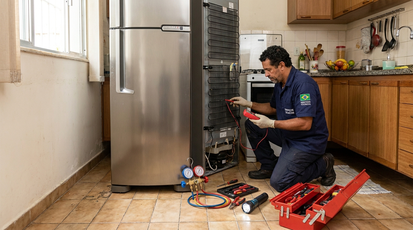 Técnico realizando manutenção de motor de geladeira em Porto Alegre‑RS