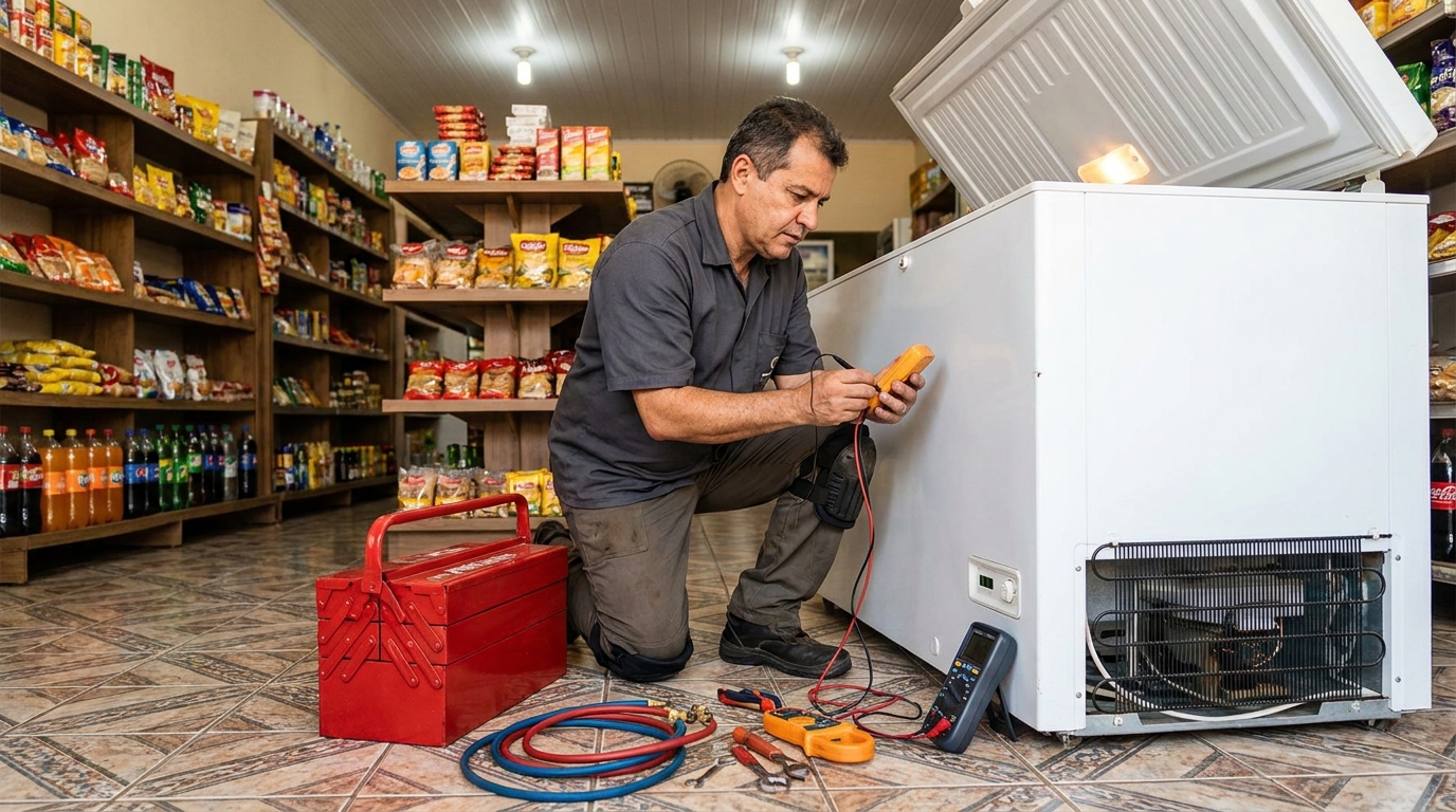 Recarga de gás refrigerante em freezer em atendimento em Porto Alegre‑RS